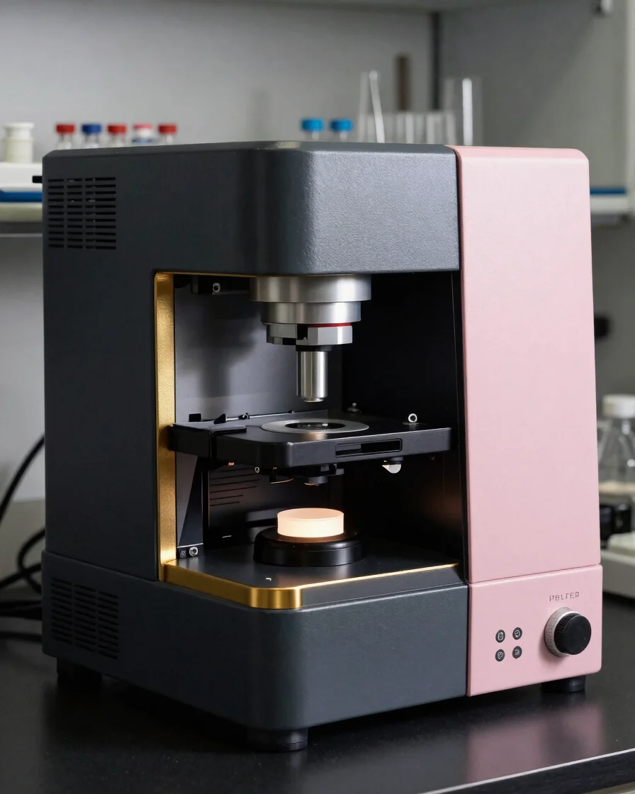 Documentary-style close view of a laboratory analytical instrument and sample vials on a dark matte surface, controlled